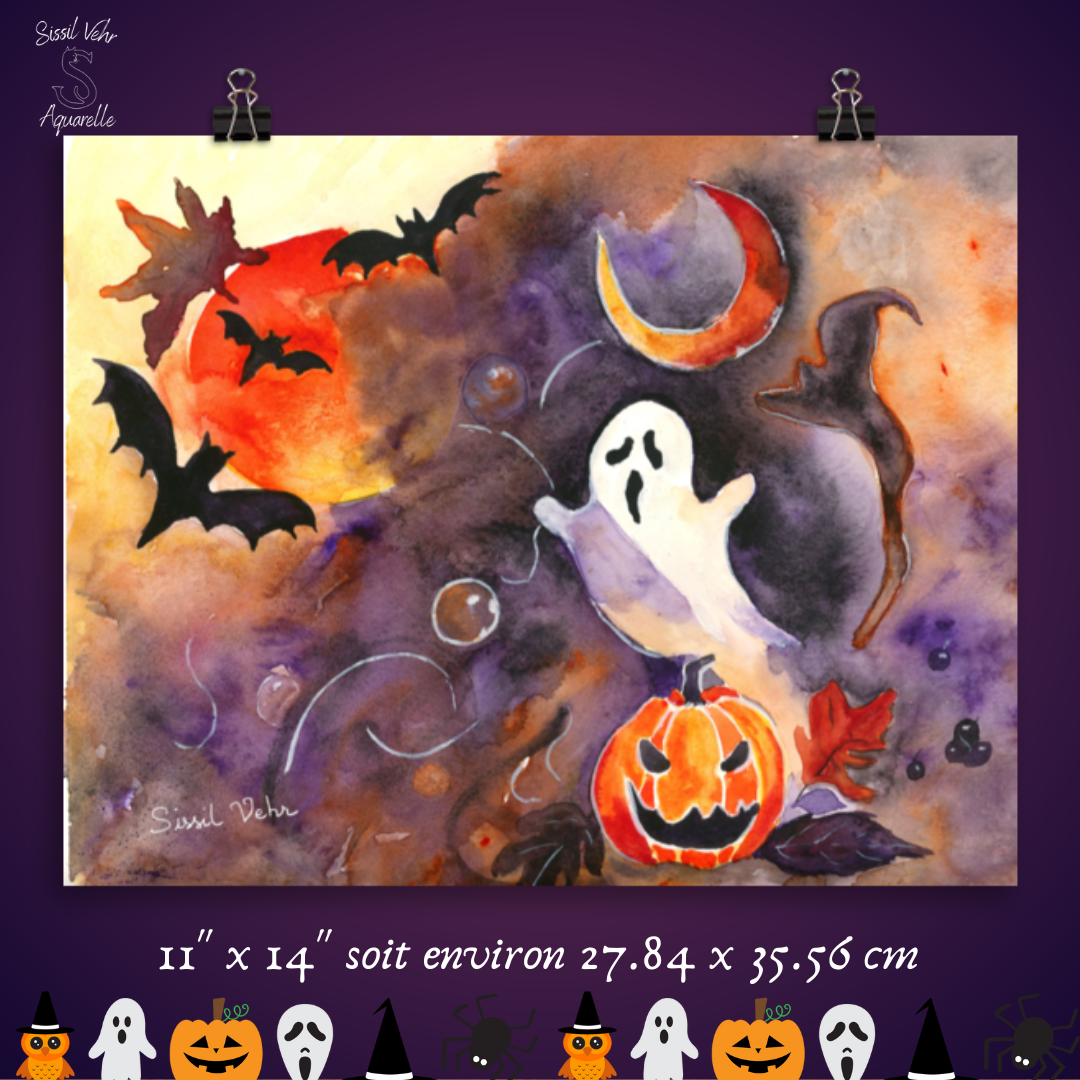 Affiche Aquarelle Halloween - Fantôme et Citrouille | Illustration Originale - Décor Automne