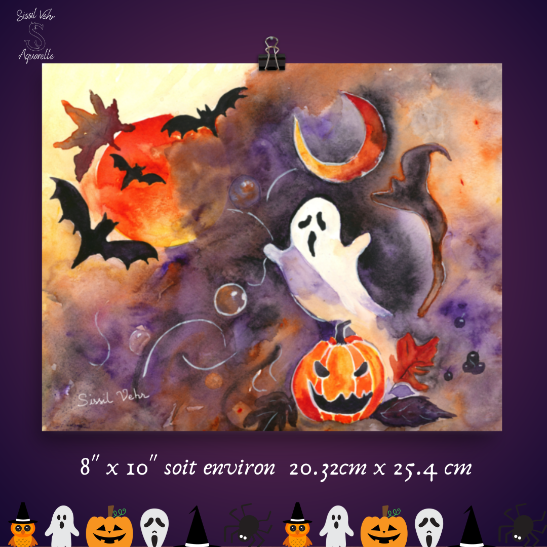 Affiche Aquarelle Halloween - Fantôme et Citrouille | Illustration Originale - Décor Automne