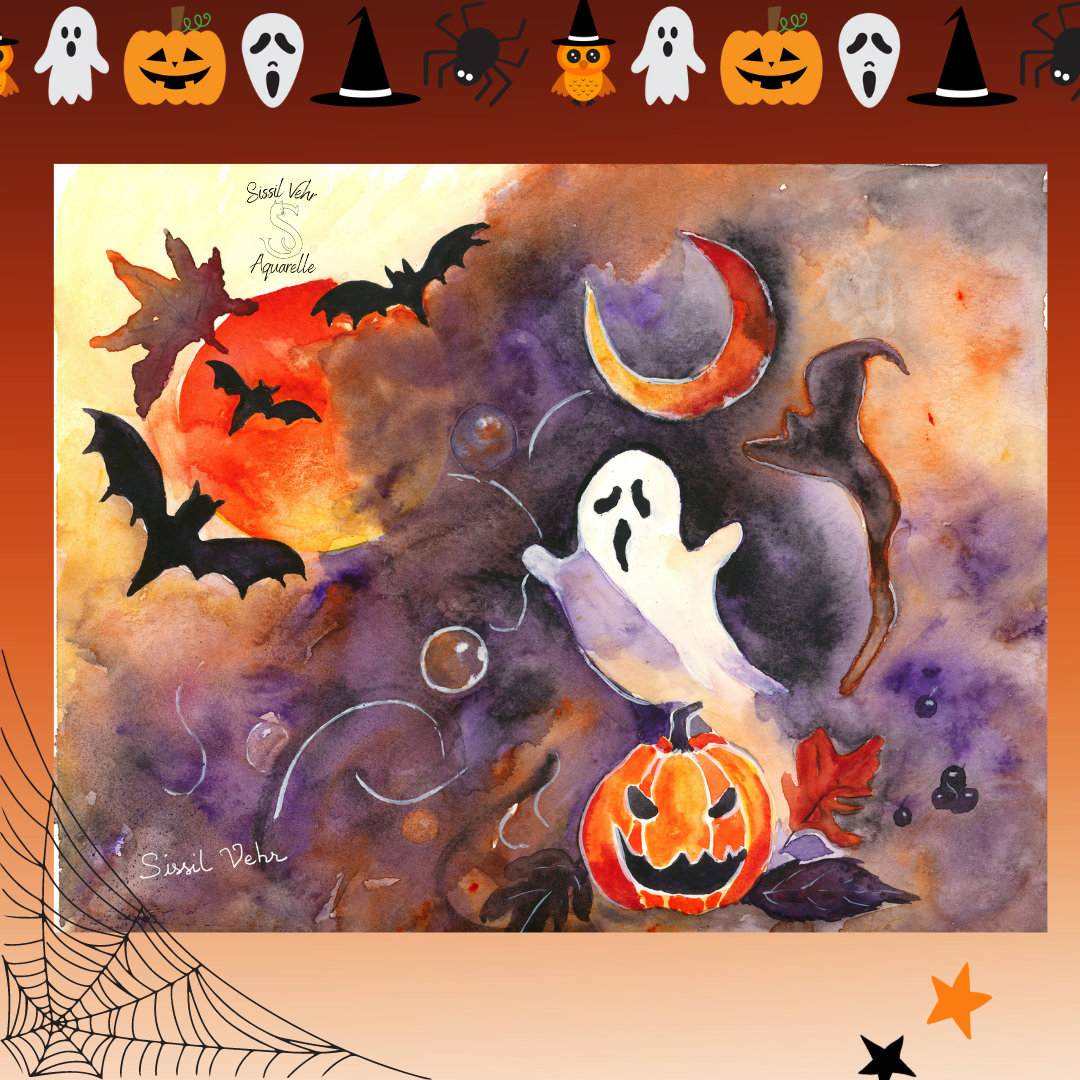 Affiche Aquarelle Halloween - Fantôme et Citrouille | Illustration Originale - Décor Automne