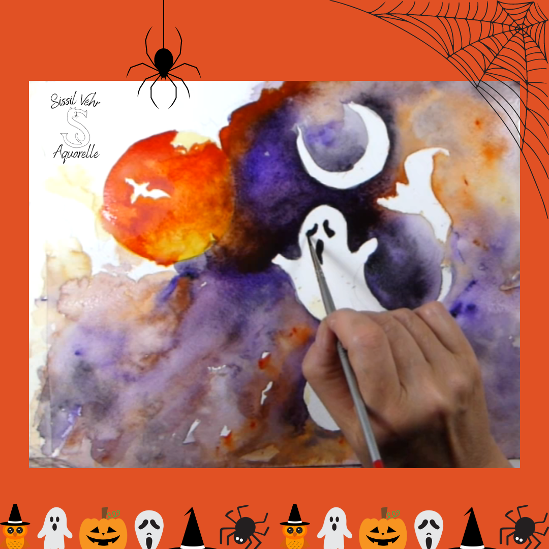 Affiche Aquarelle Halloween - Fantôme et Citrouille | Illustration Originale - Décor Automne