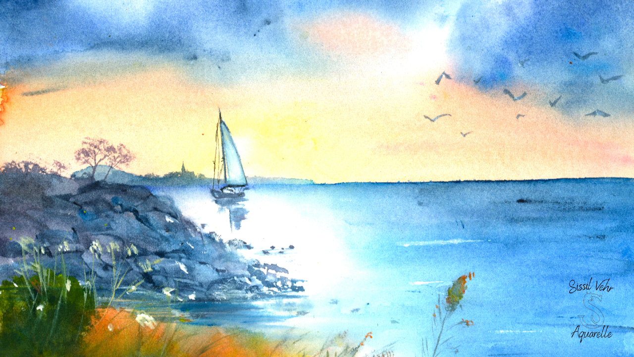 Cours aquarelle : peindre un voilier en mer au coucher de soleil. Travail de la lumière vive et des reflets sur l'eau. Apprendre à peindre un paysage marin lumineux.