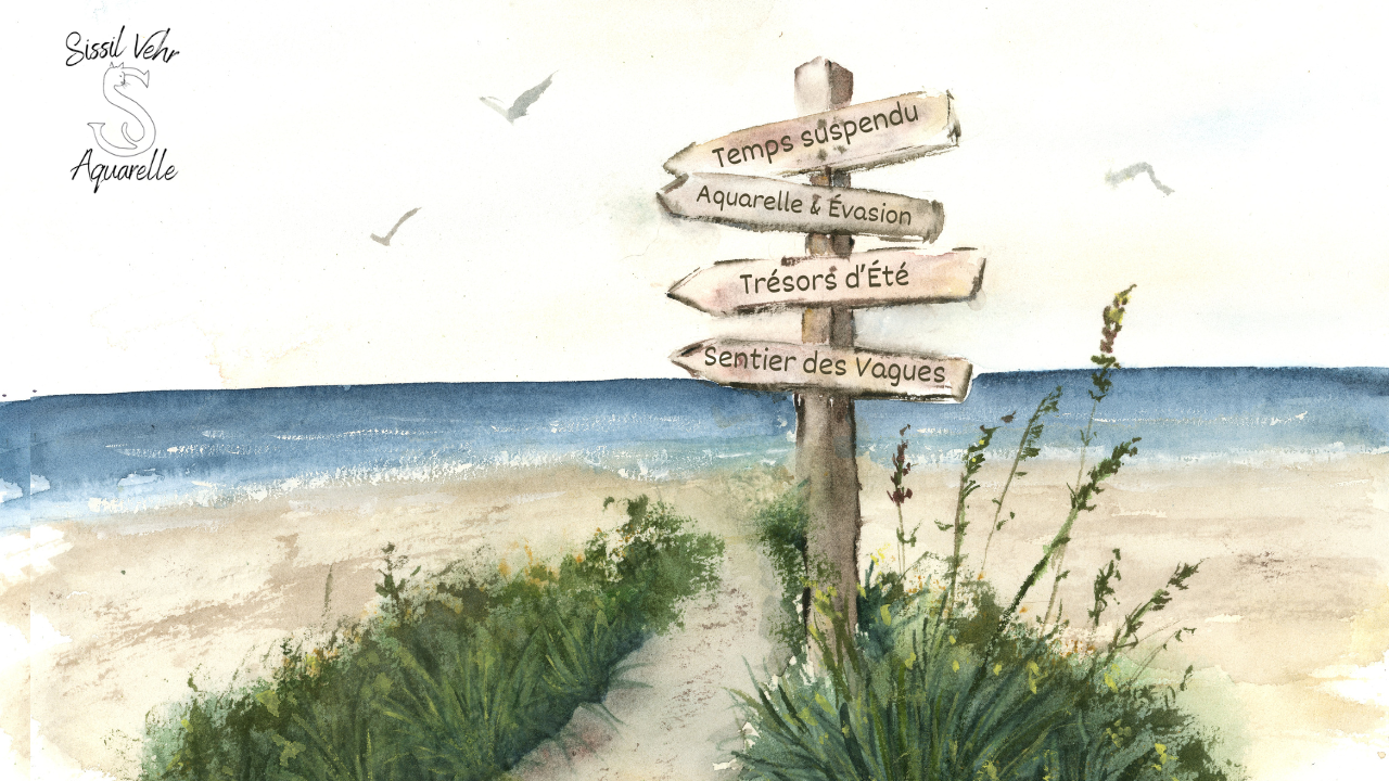 Lavis et perspective aquarelle : peinture d'un sentier vers la plage, paysage marin lumineux. Sissil Vehr