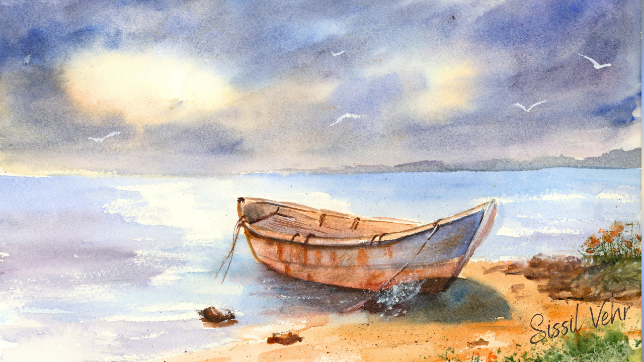 Aquarelle marine : vieille barque en bois sur une plage au lever du jour. Apprendre à peindre les textures de bois, les reflets doux et les galets.
