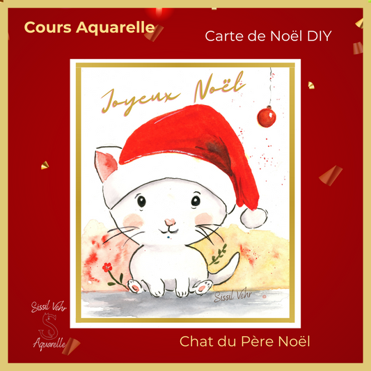 Tutoriel vidéo Aquarelle DIY - Carte de Noël Le Chat du Père Noël avec carnet inclus 🎅🐾