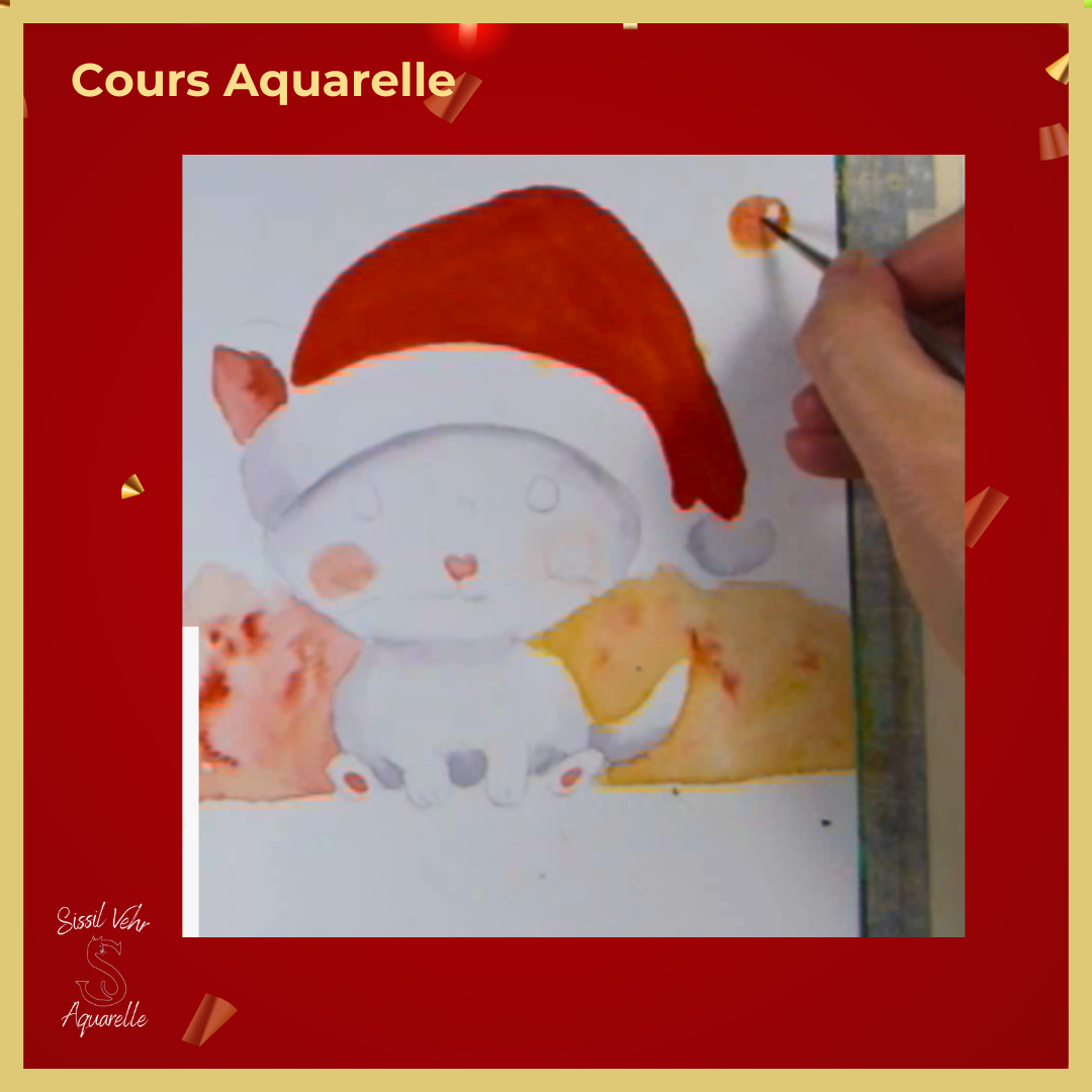 Tutoriel vidéo Aquarelle DIY - Carte de Noël Le Chat du Père Noël avec carnet inclus 🎅🐾