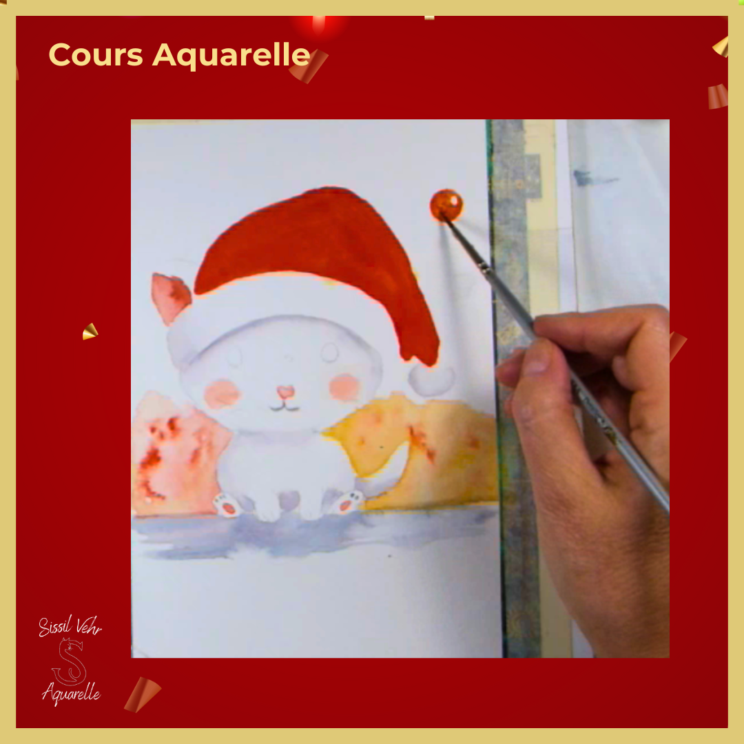 Tutoriel vidéo Aquarelle DIY - Carte de Noël Le Chat du Père Noël avec carnet inclus 🎅🐾