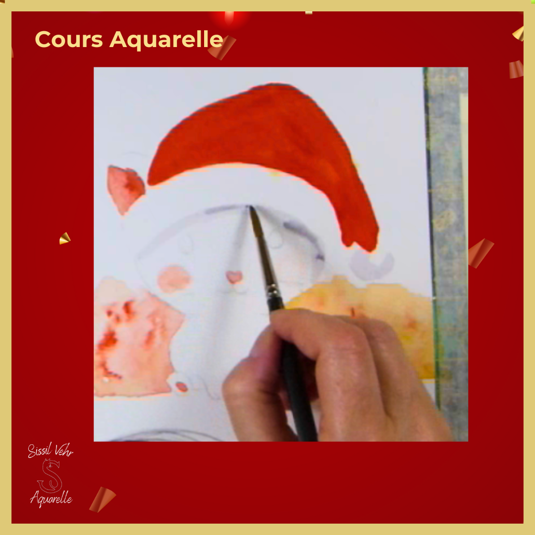 Tutoriel vidéo Aquarelle DIY - Carte de Noël Le Chat du Père Noël avec carnet inclus 🎅🐾