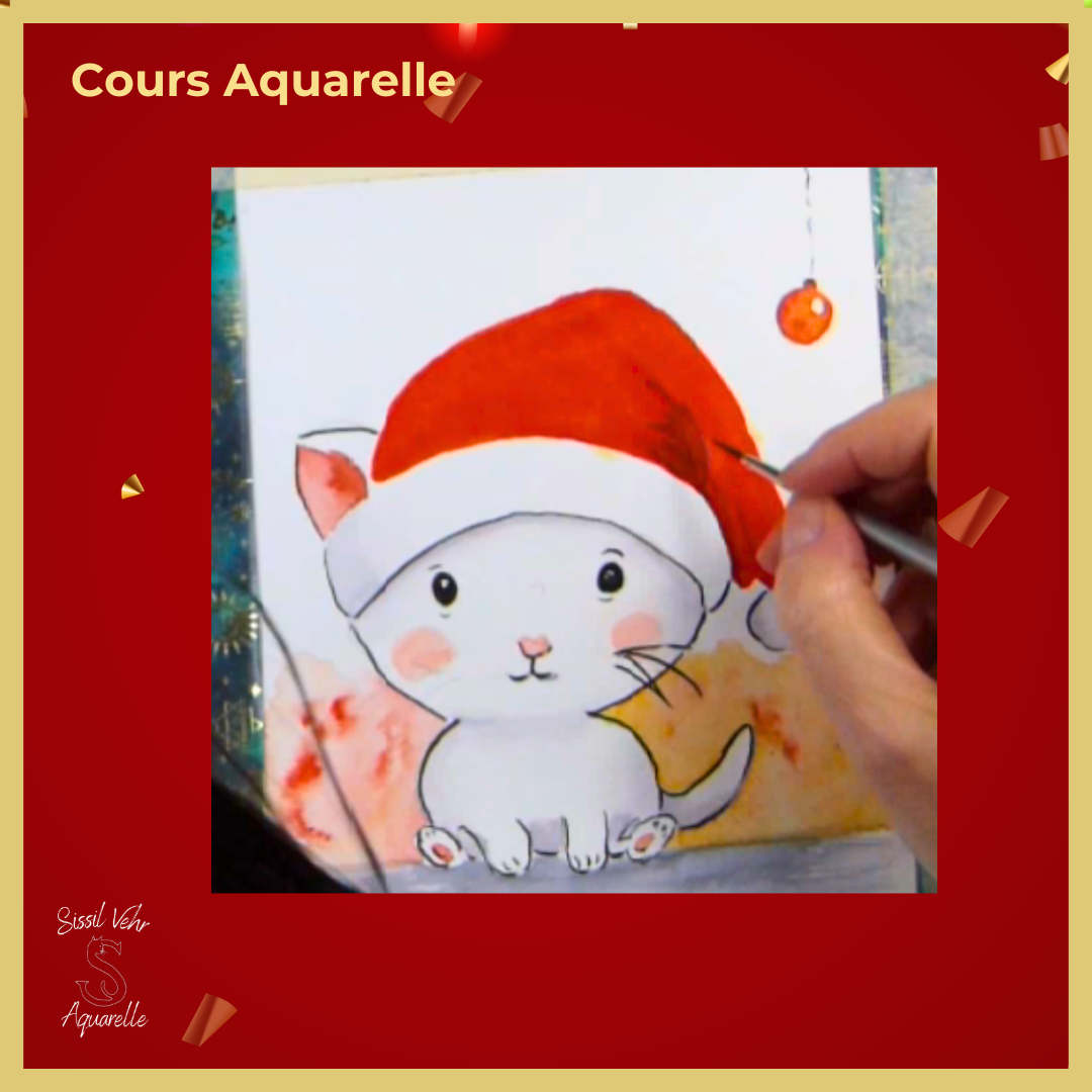 Tutoriel vidéo Aquarelle DIY - Carte de Noël Le Chat du Père Noël avec carnet inclus 🎅🐾