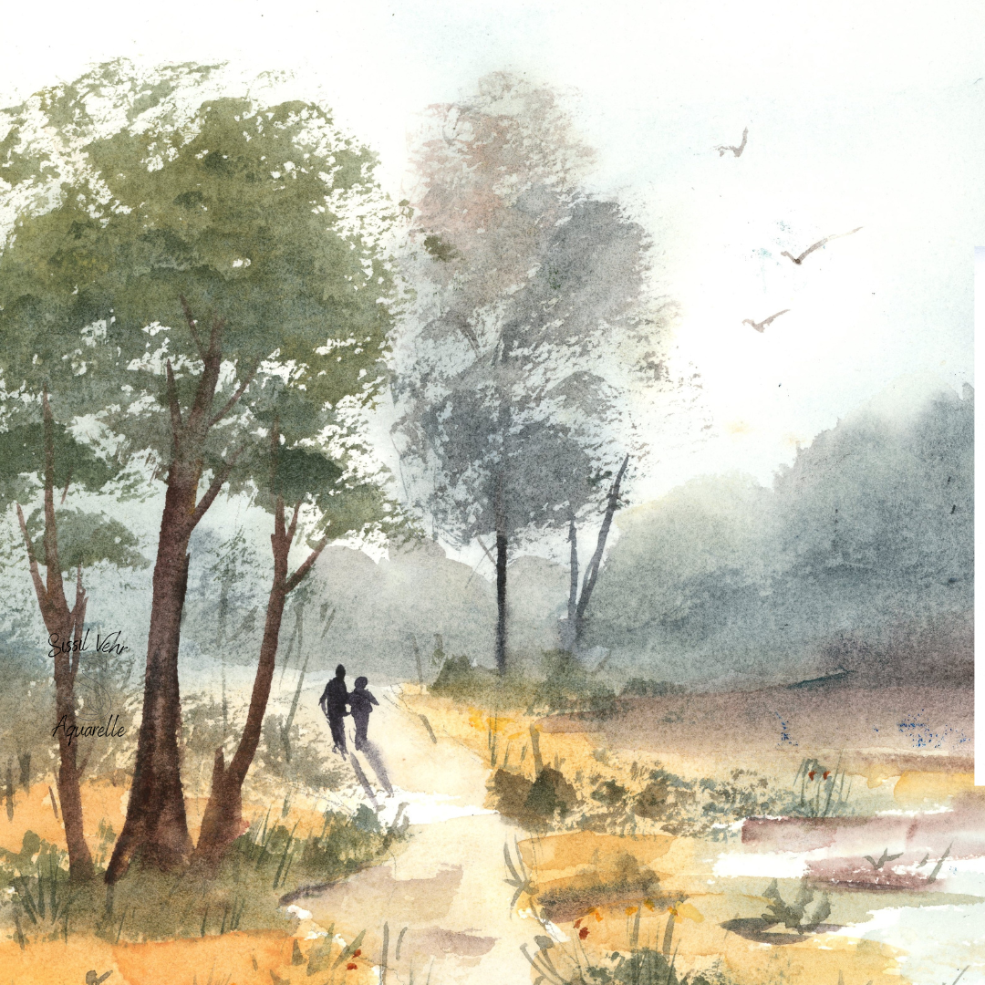 Peinture aquarelle d'un chemin à travers un bois sous une lumière diffuse et brumeuse, avec deux personnes marchant. Cours d'aquarelle : Paysage d'automne humide avec travail des reflets et du mouillé sur mouillé