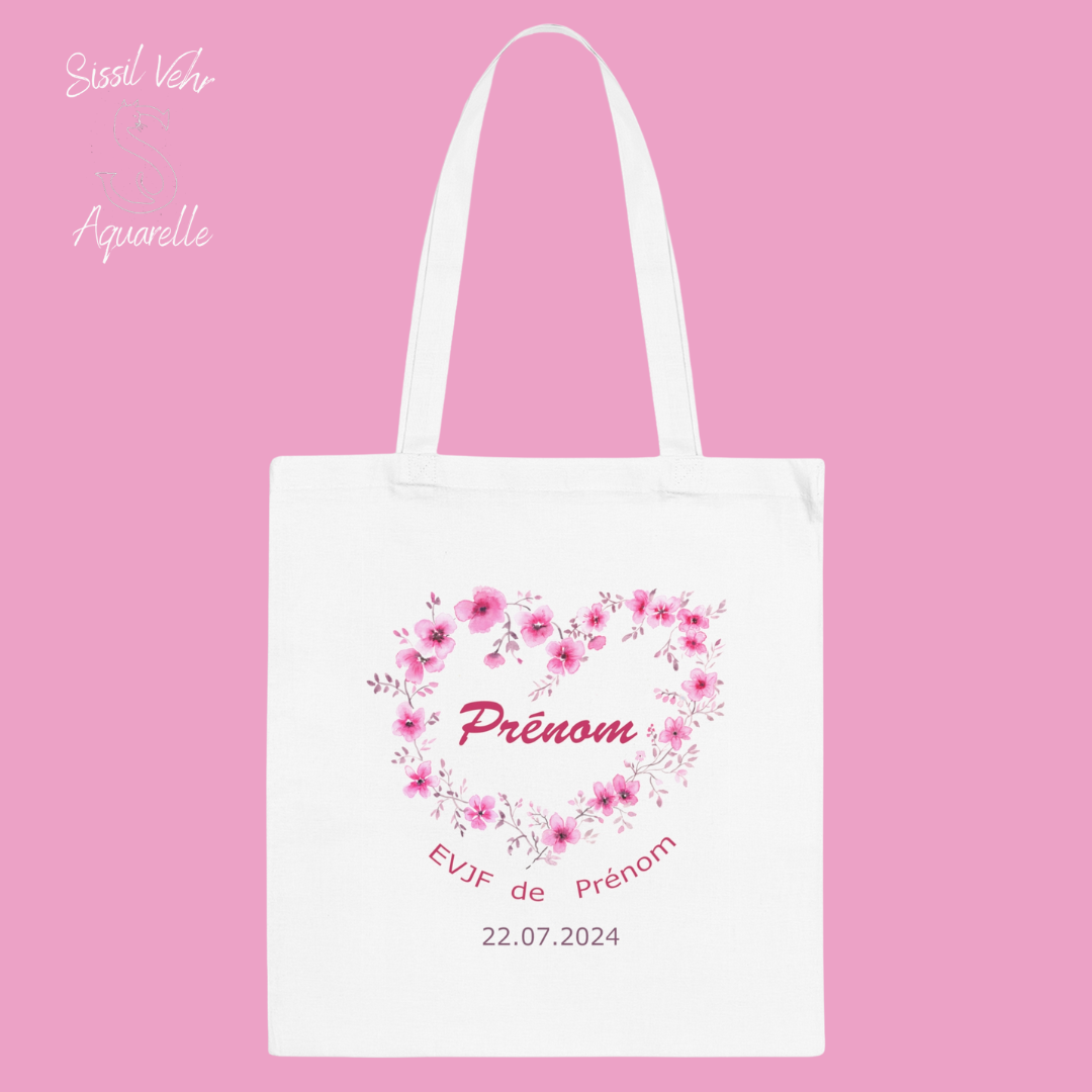 Tote bag / Sac Fourre tout EVJF personnalisé Coeur fleurs coton , Tote bag EVJF, Tote bag témoin, Team de la mariée