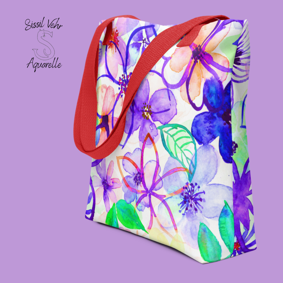 Sac de plage personnalisé /tote bag large,  en polyester - Décor fleurs peintes à l'aquarelle palette violet - rose