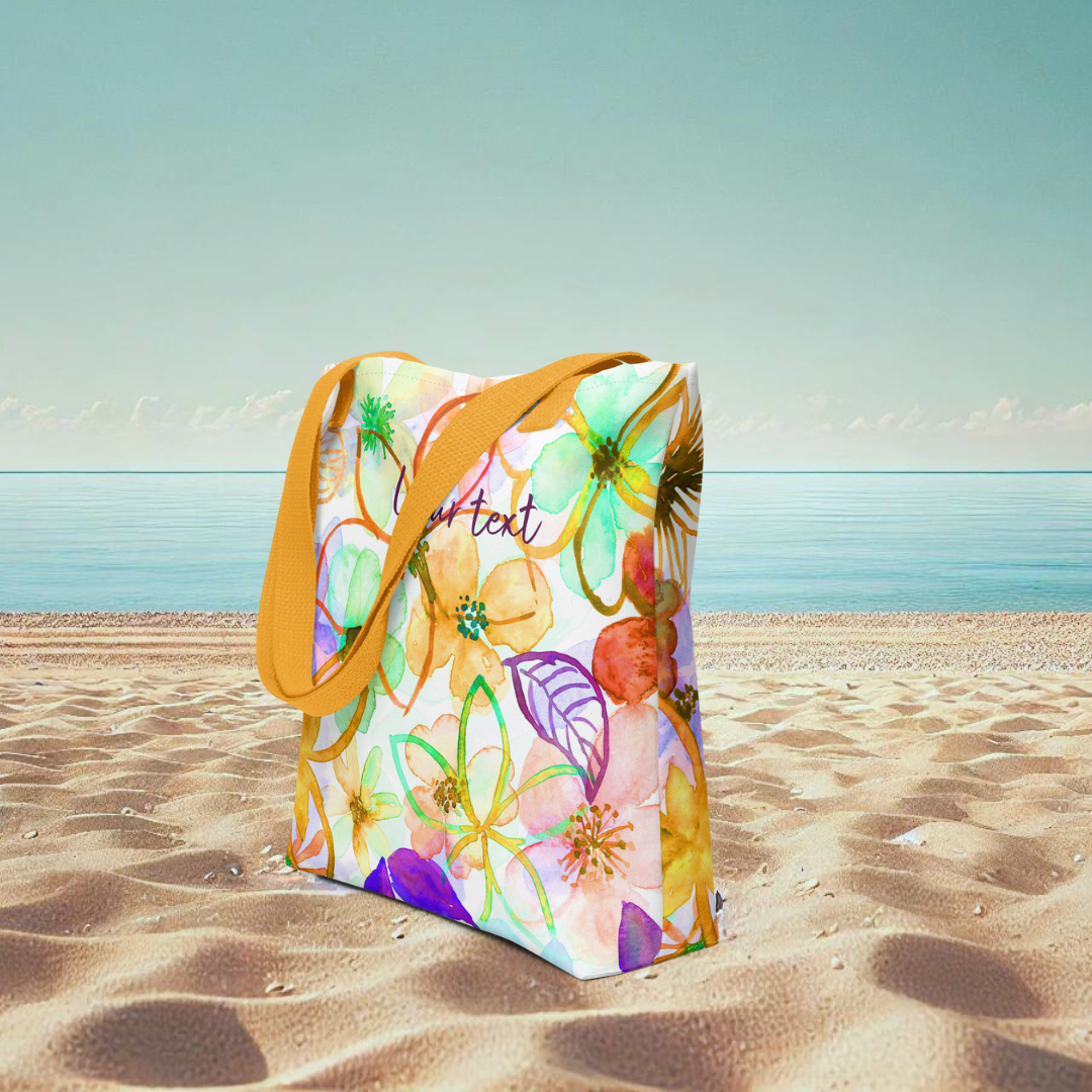 Sac de plage personnalisé grande taille, en polyester - Décor fleurs peintes à l'aquarelle palette orange vert