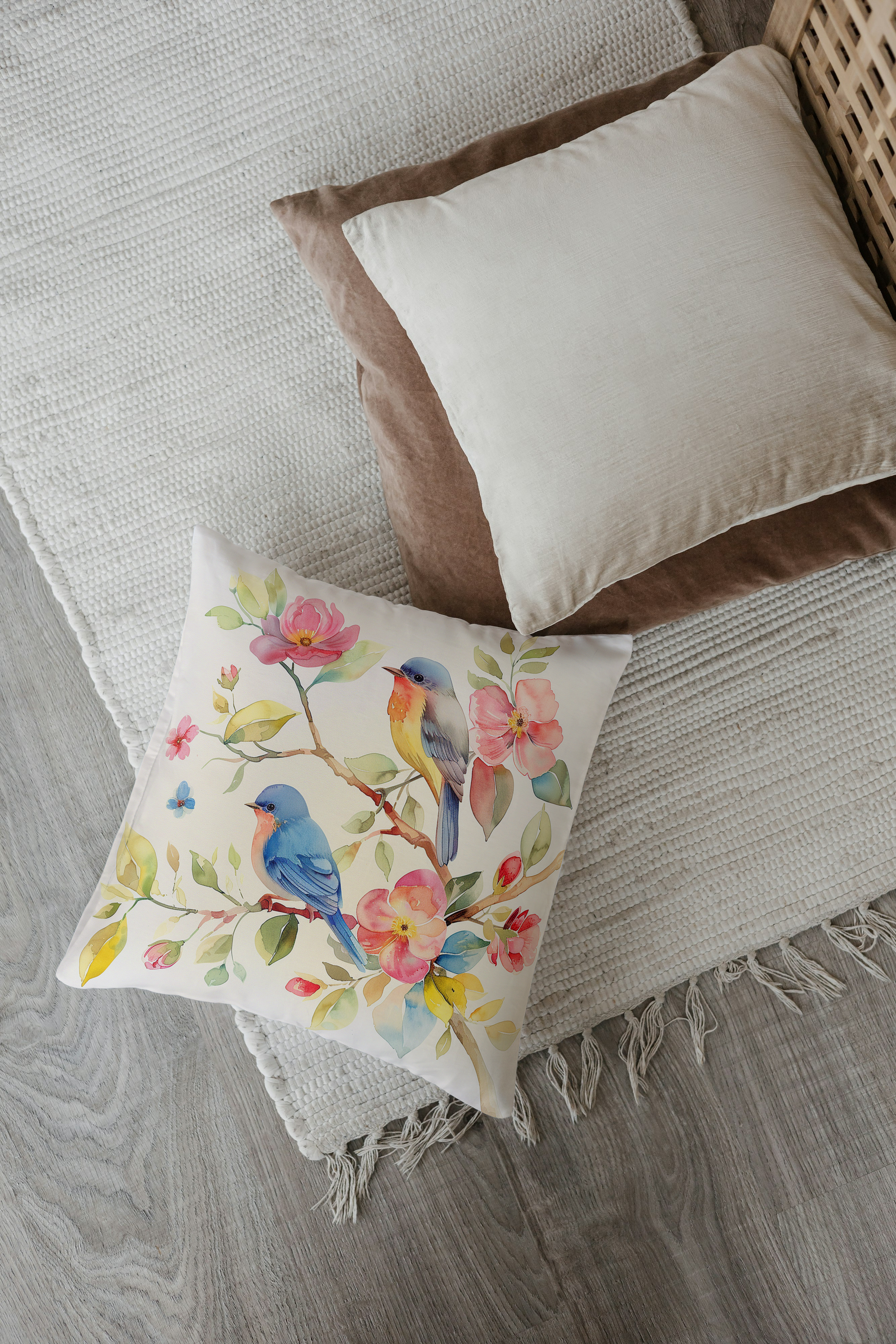 Coussin d'extérieur motif oiseaux et fleurs - Impression d'aquarelle sur tissu résistant aux UV