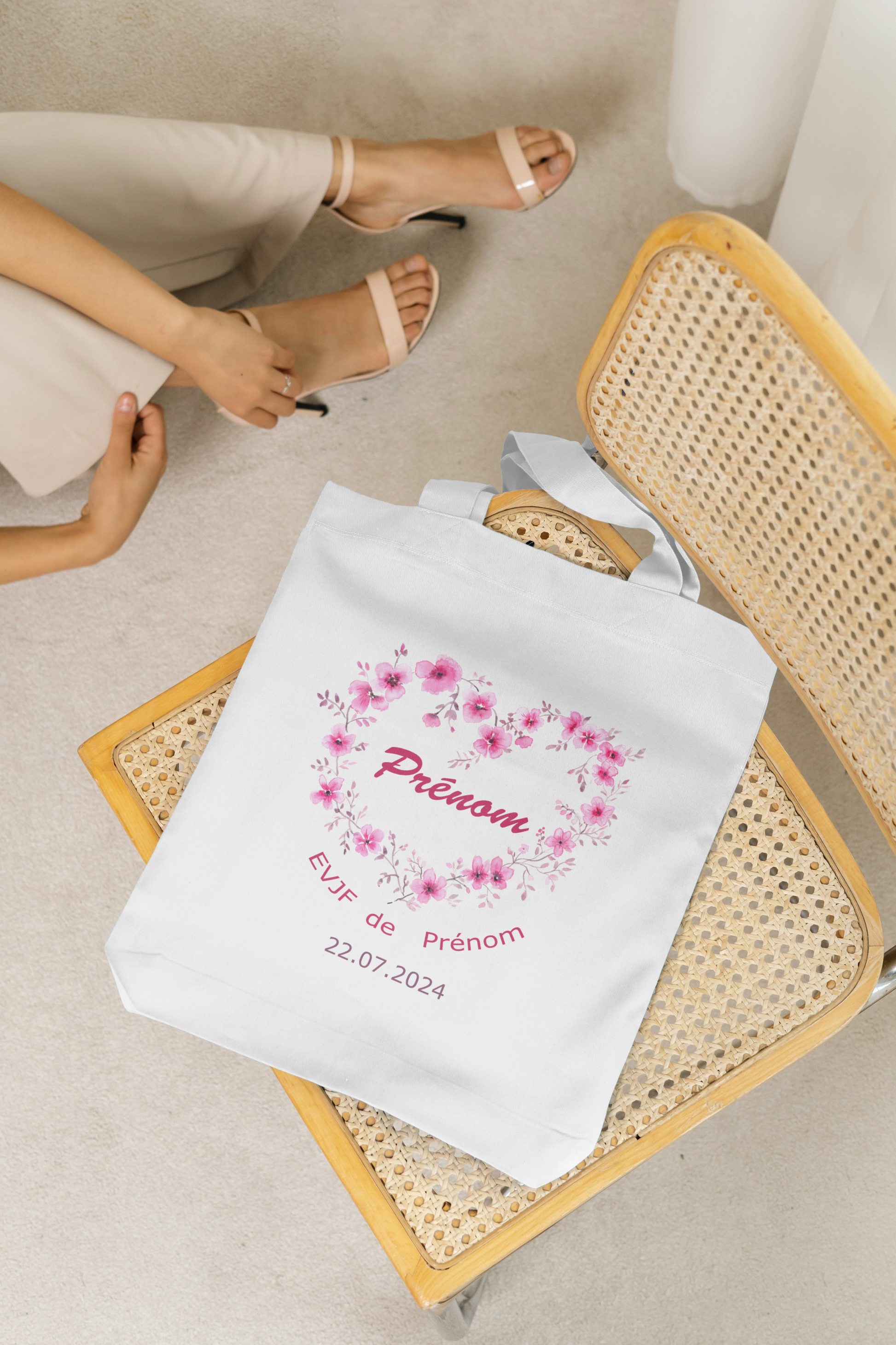 Tote bag / Sac Fourre tout EVJF personnalisé Coeur fleurs coton , Tote bag EVJF, Tote bag témoin, Team de la mariée