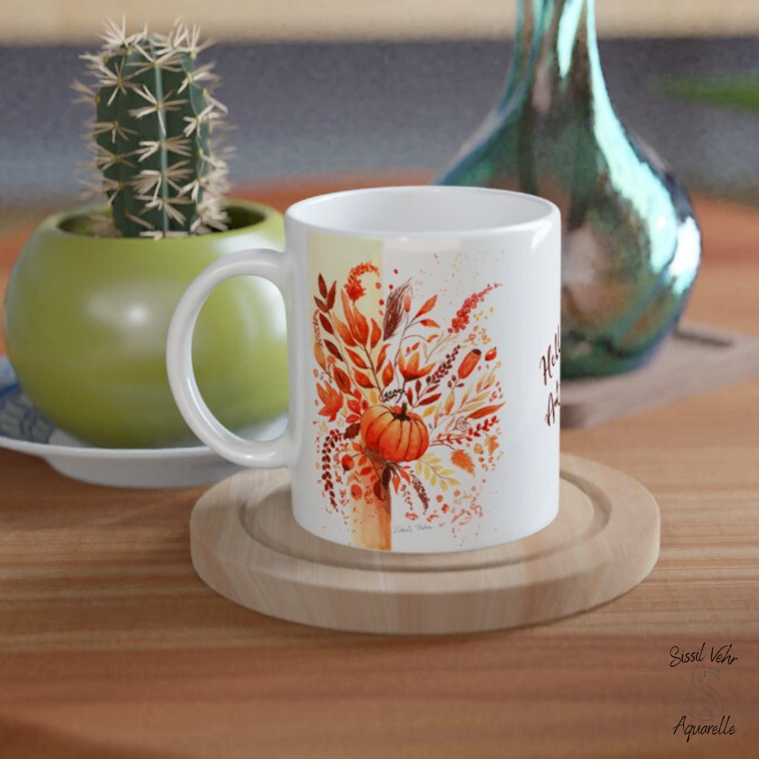 Mug en céramique personnalisable - Collection Automne Aquarelle Citrouille et Fleurs | Cadeau d'automne parfait