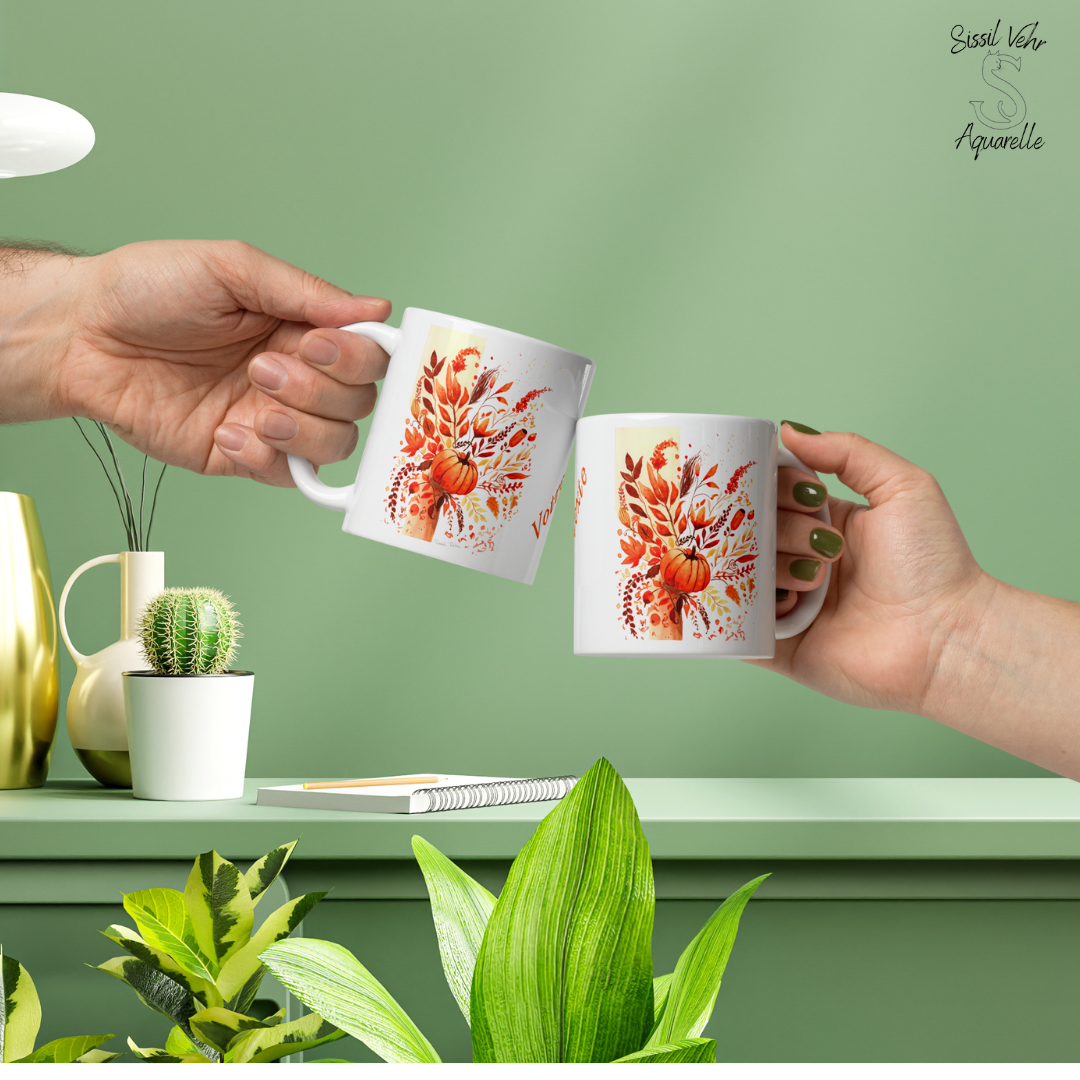 Mug en céramique personnalisable - Collection Automne Aquarelle Citrouille et Fleurs | Cadeau d'automne parfait