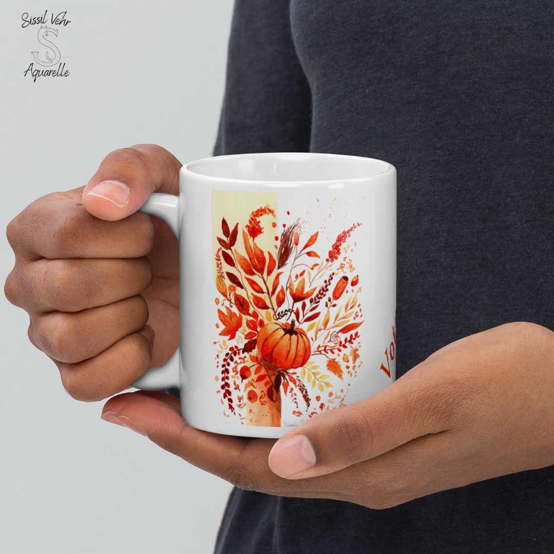 Mug en céramique personnalisable - Collection Automne Aquarelle Citrouille et Fleurs | Cadeau d'automne parfait
