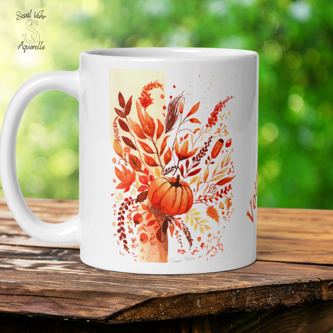 Mug en céramique personnalisable - Collection Automne Aquarelle Citrouille et Fleurs | Cadeau d'automne parfait