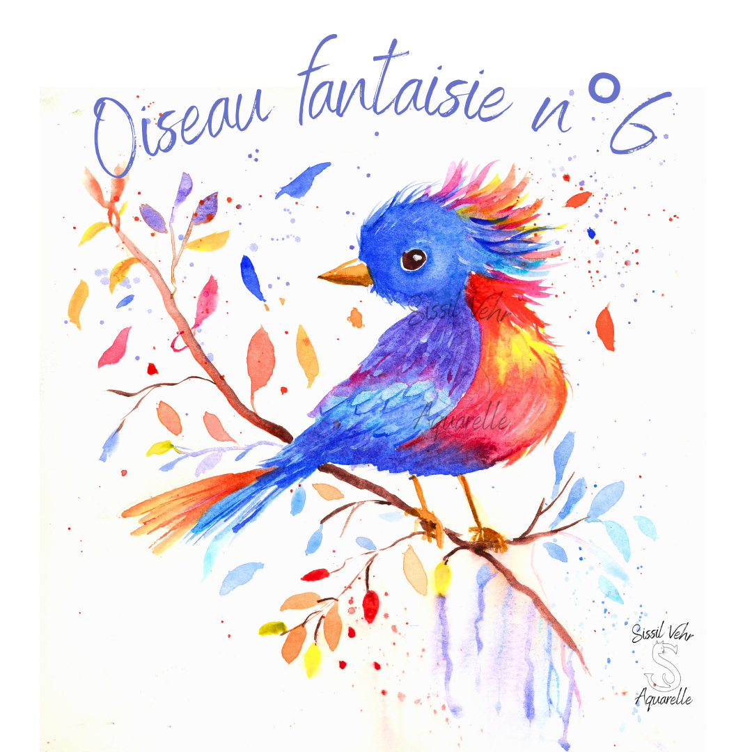 Oiseau Fantaisie n°6 Eclipsa, oiseau bleu vif et rouge sur une branche, plumes colorées en éventail. Peinture à l'aquarelle.