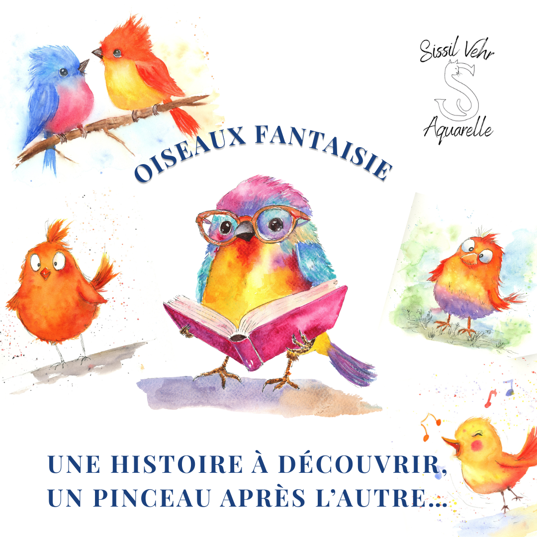 Couverture du Carnet Créatif PDF "Oiseaux Fantaisie" : Archibald lisant, entouré de 5 autres oiseaux joyeux en aquarelle