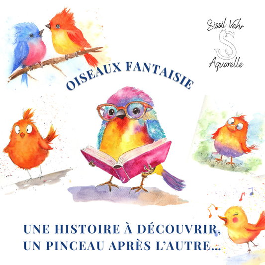 Couverture du Carnet Créatif PDF "Oiseaux Fantaisie" : Archibald lisant, entouré de 5 autres oiseaux joyeux en aquarelle