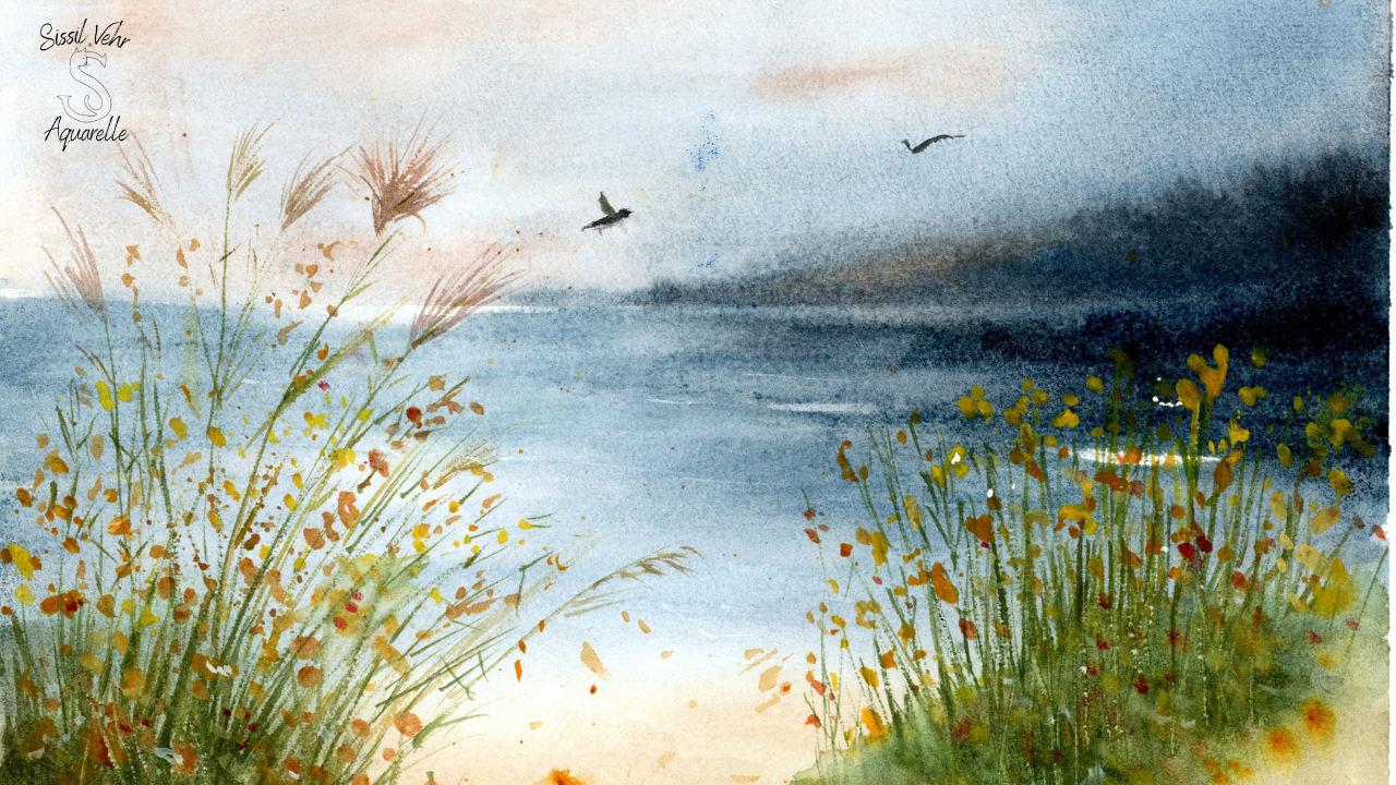 Cours vidéo aquarelle Souffle d'automne sur la mer : réussir les fondus marins et l'horizon brumeux. Paysage de bord de mer aux couleurs automnales avec premier plan végétal.