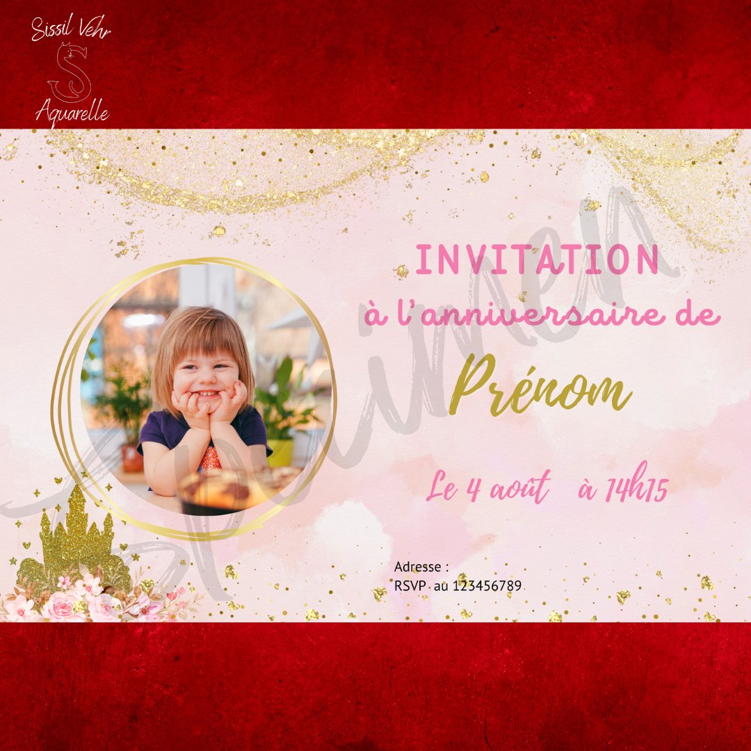 Affiche / invitation Anniversaire Princesse A3 Personnalisée sur Papier Mat Épais - Sissil Vehr Aquarelle