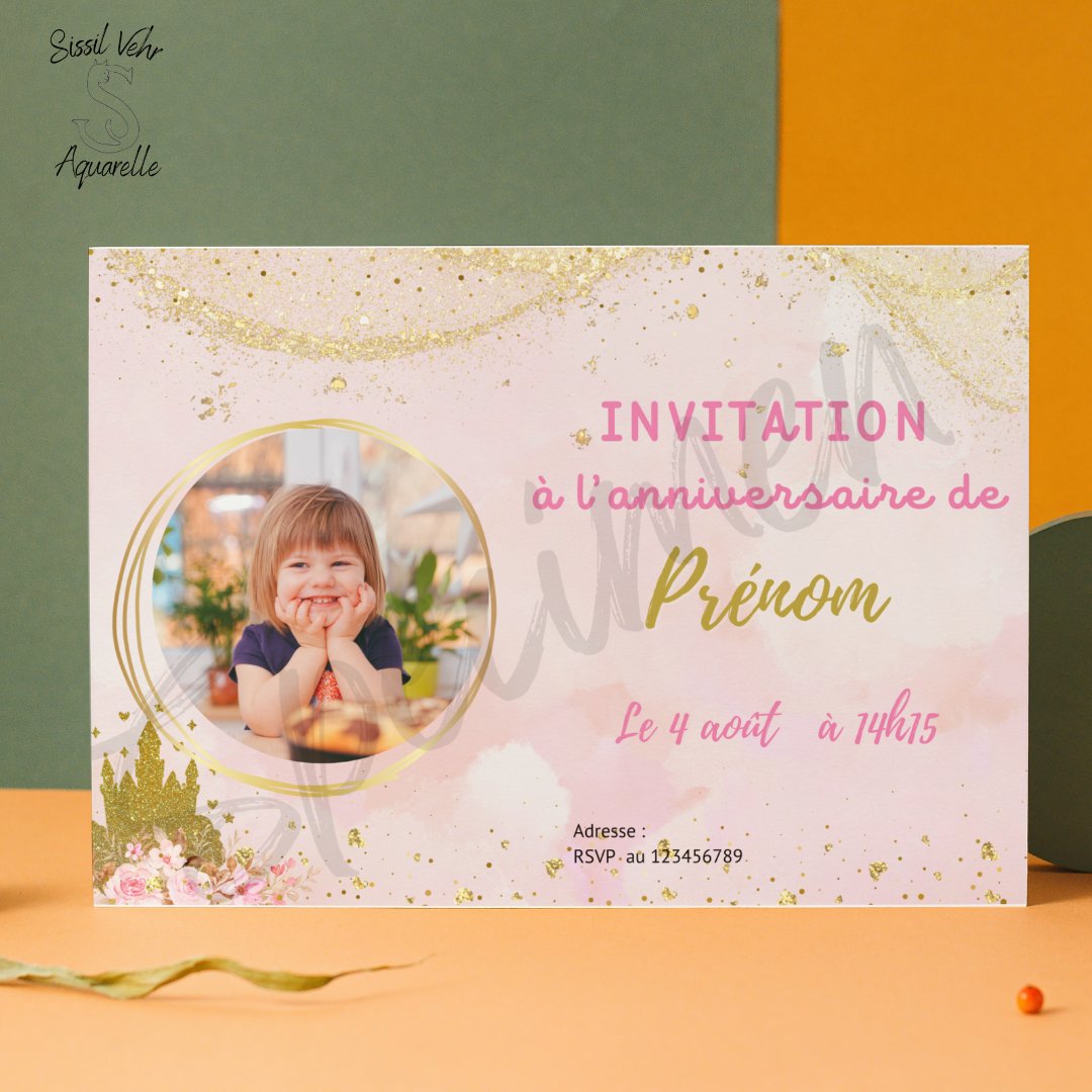 Affiche / invitation Anniversaire Princesse A3 Personnalisée sur Papier Mat Épais - Sissil Vehr Aquarelle