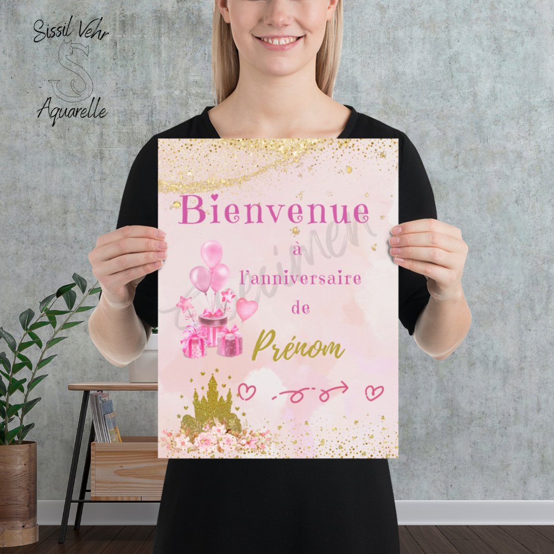 Affiche / invitation Anniversaire Princesse A3 Personnalisée sur Papier Mat Épais - Sissil Vehr Aquarelle