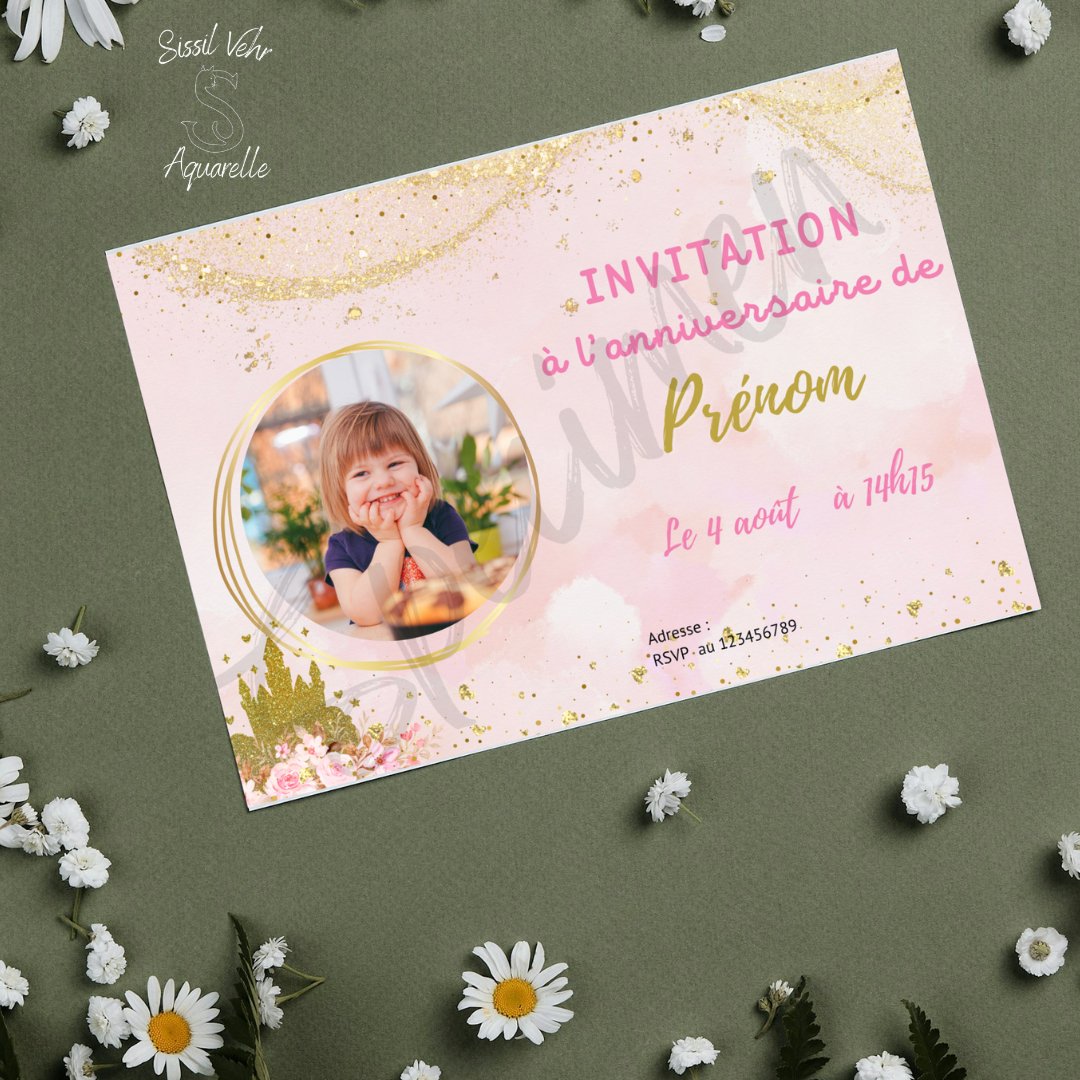 Affiche / invitation Anniversaire Princesse A3 Personnalisée sur Papier Mat Épais - Sissil Vehr Aquarelle