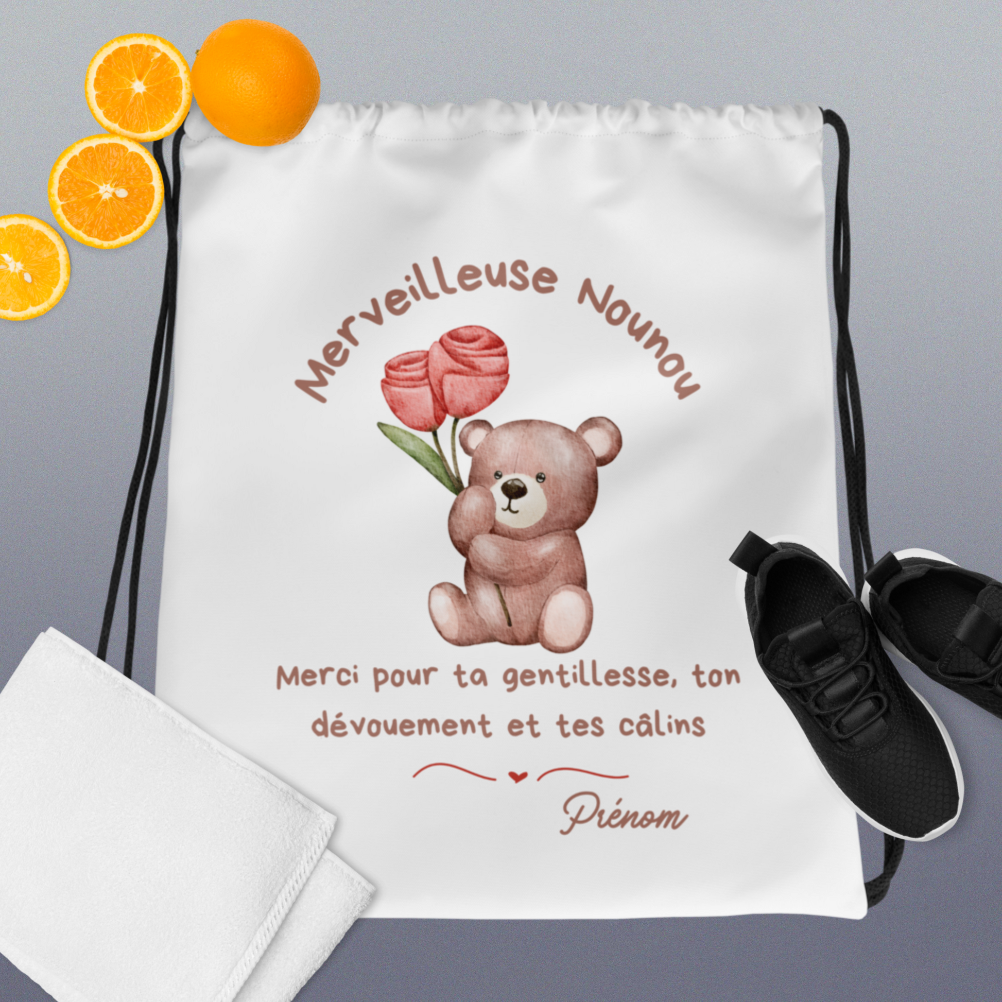 Sac à cordon Nounou Personnalisable/ merveilleuse nounou/ cadeau nounou Petit ourson /Pochon nounou personnalisé/cadeau nounou