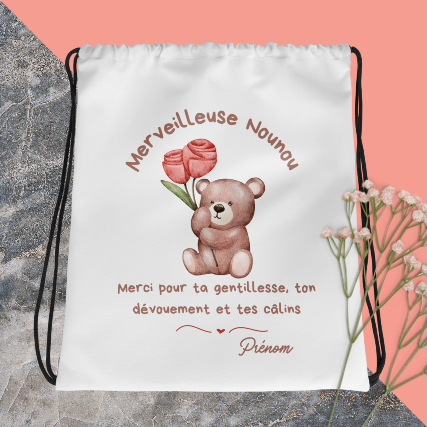 Sac à cordon Nounou Personnalisable/ merveilleuse nounou/ cadeau nounou Petit ourson /Pochon nounou personnalisé/cadeau nounou