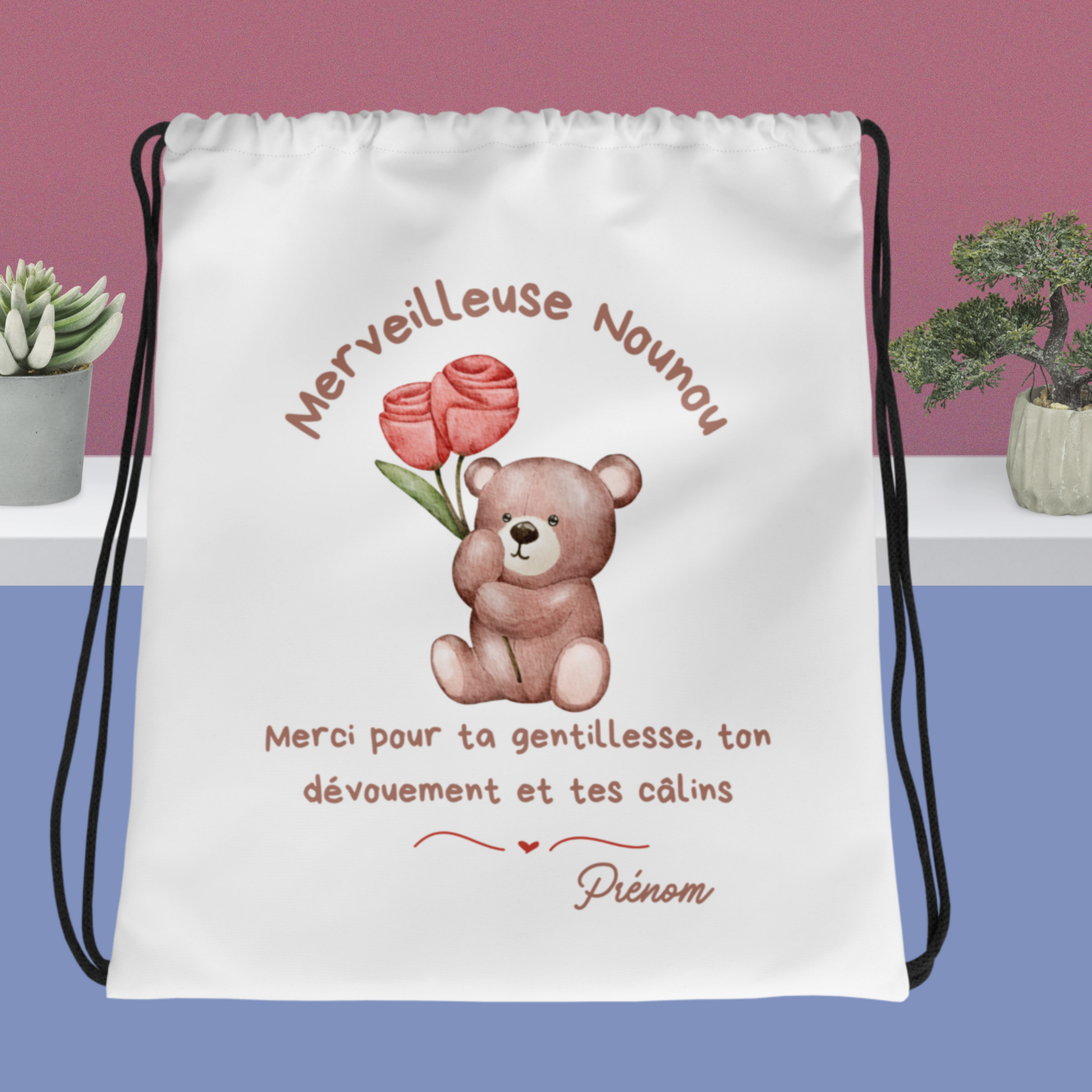 Sac à cordon Nounou Personnalisable/ merveilleuse nounou/ cadeau nounou Petit ourson /Pochon nounou personnalisé/cadeau nounou