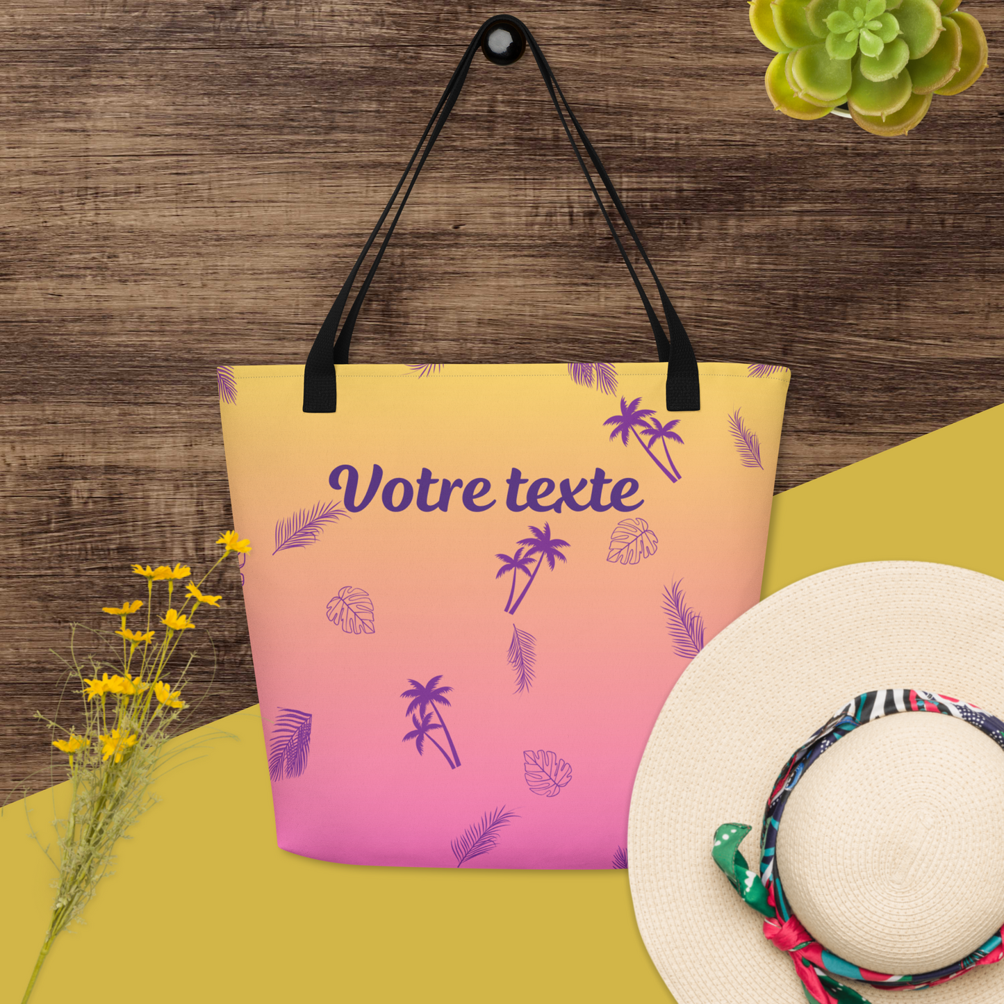 Sac de Plage / Tote Bag Personnalisé - Imprimé Tropical avec Texte au Choix - 1 ou 2 Faces