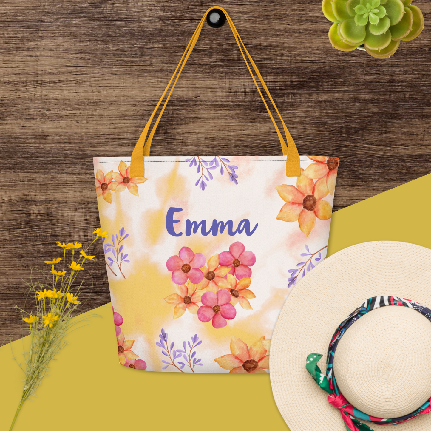 Sac de plage personnalisable en polyester - Grande taille avec impression de fleurs