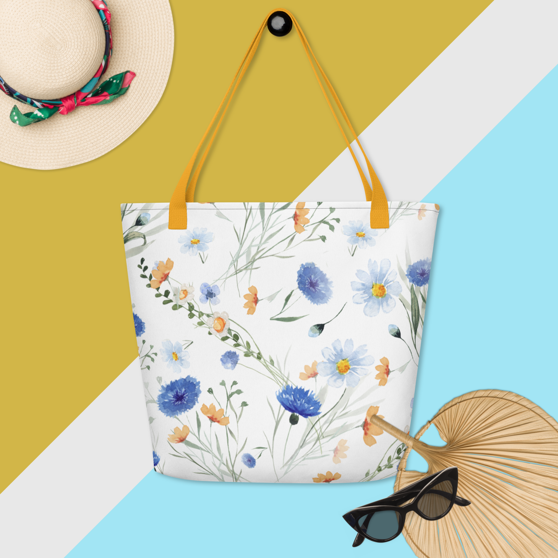 Sac de Plage Personnalisé  |Tote bag large | fleurs et bleuets |Polyester