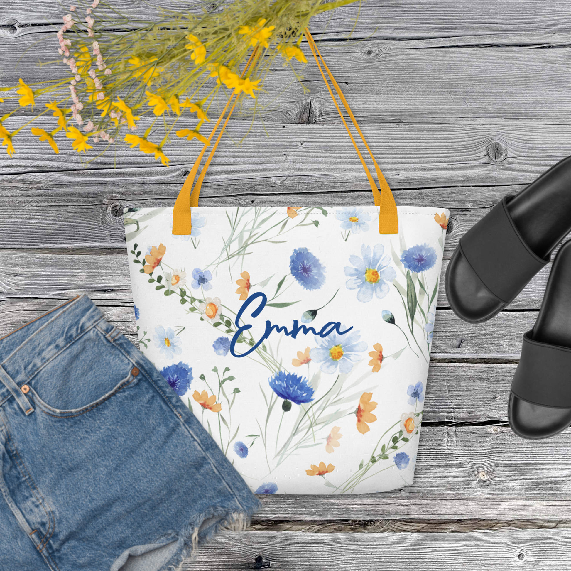 Sac de Plage Personnalisé  |Tote bag large | fleurs et bleuets |Polyester