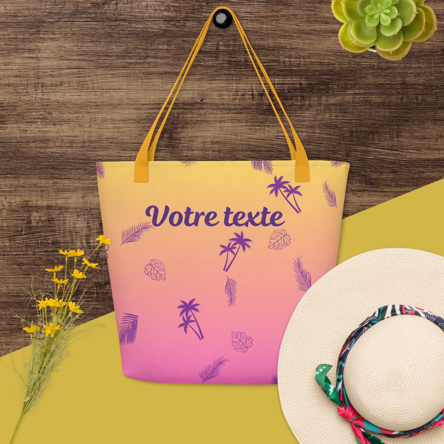 Sac de Plage / Tote Bag Personnalisé - Imprimé Tropical avec Texte au Choix - 1 ou 2 Faces