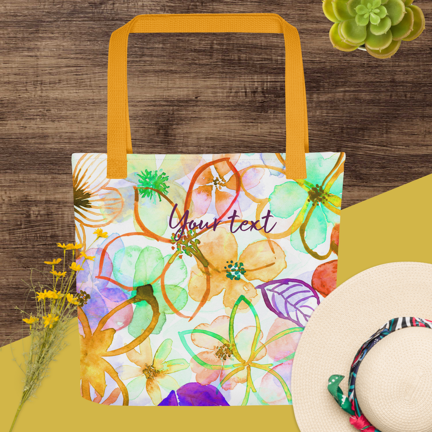 Sac de plage personnalisé grande taille, en polyester - Décor fleurs peintes à l'aquarelle palette orange vert