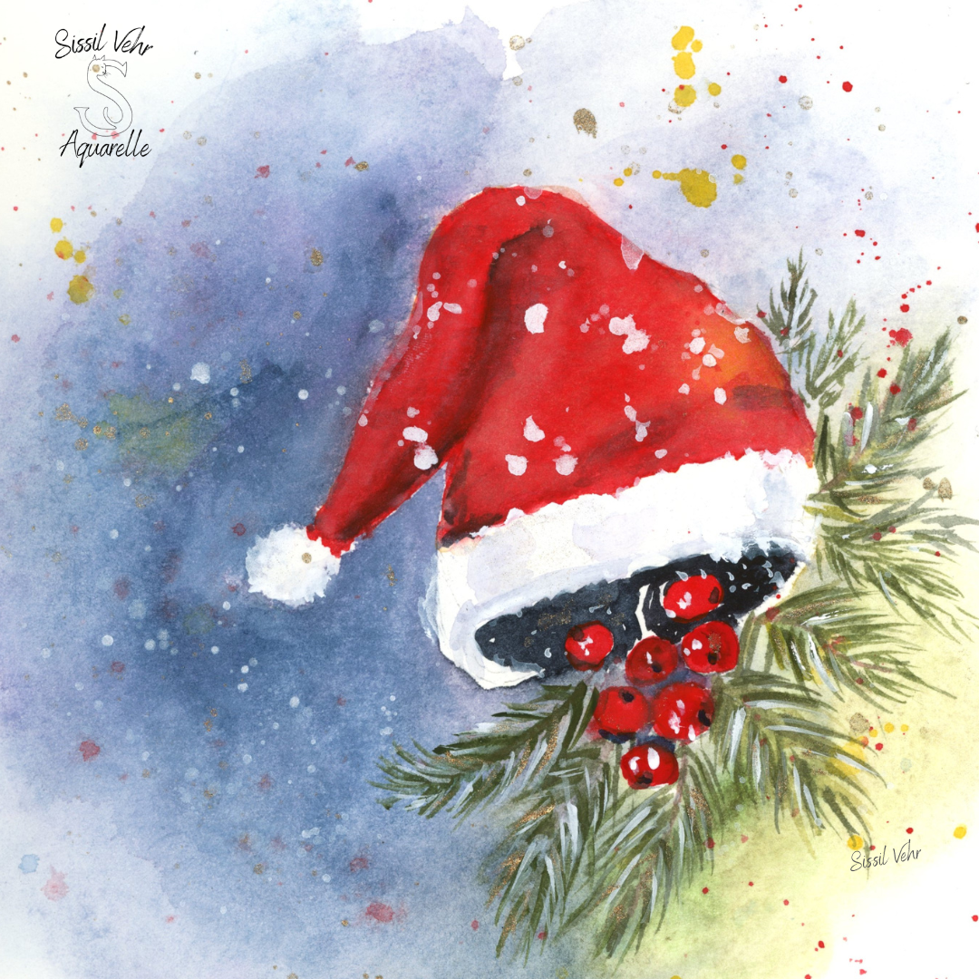 Aquarelle de Noël représentant un bonnet rouge et blanc posé sur des branches de sapin avec des baies rouges, sur un fond bleu-gris hivernal parsemé d’éclats de neige et de petites touches dorées.