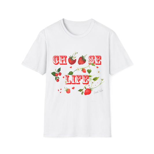 Bouquet de Saveurs Fraises et Cerises Éclatantes ! avec un Message Positif 'Choisissez la Vie'" : T - Shirt en 100% Coton Premium - Sissil Vehr Aquarelle