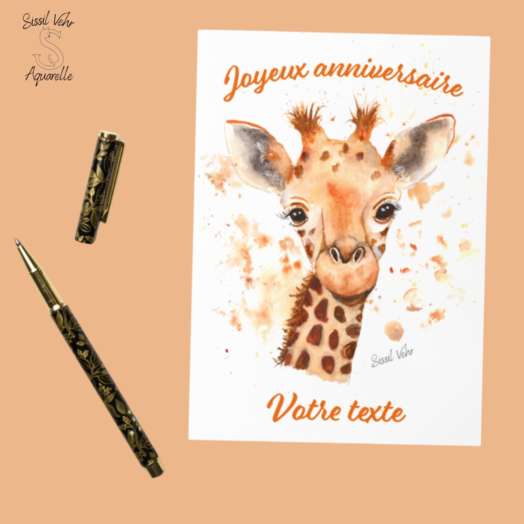 Carte Anniversaire Enfant avec Girafe Aquarelle - Personnalisable - 3 Tailles Disponibles - Livrée avec Enveloppe - Sissil Vehr Aquarelle