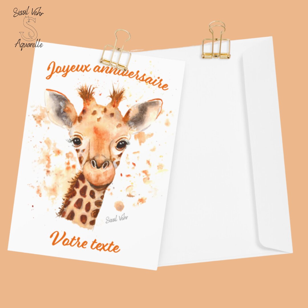 Carte Anniversaire Enfant avec Girafe Aquarelle - Personnalisable - 3 Tailles Disponibles - Livrée avec Enveloppe - Sissil Vehr Aquarelle