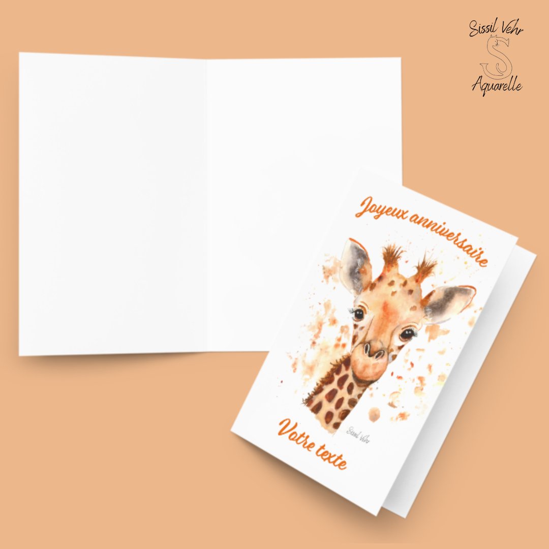 Carte Anniversaire Enfant avec Girafe Aquarelle - Personnalisable - 3 Tailles Disponibles - Livrée avec Enveloppe - Sissil Vehr Aquarelle