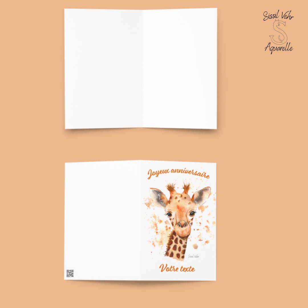 Carte Anniversaire Enfant avec Girafe Aquarelle - Personnalisable - 3 Tailles Disponibles - Livrée avec Enveloppe - Sissil Vehr Aquarelle