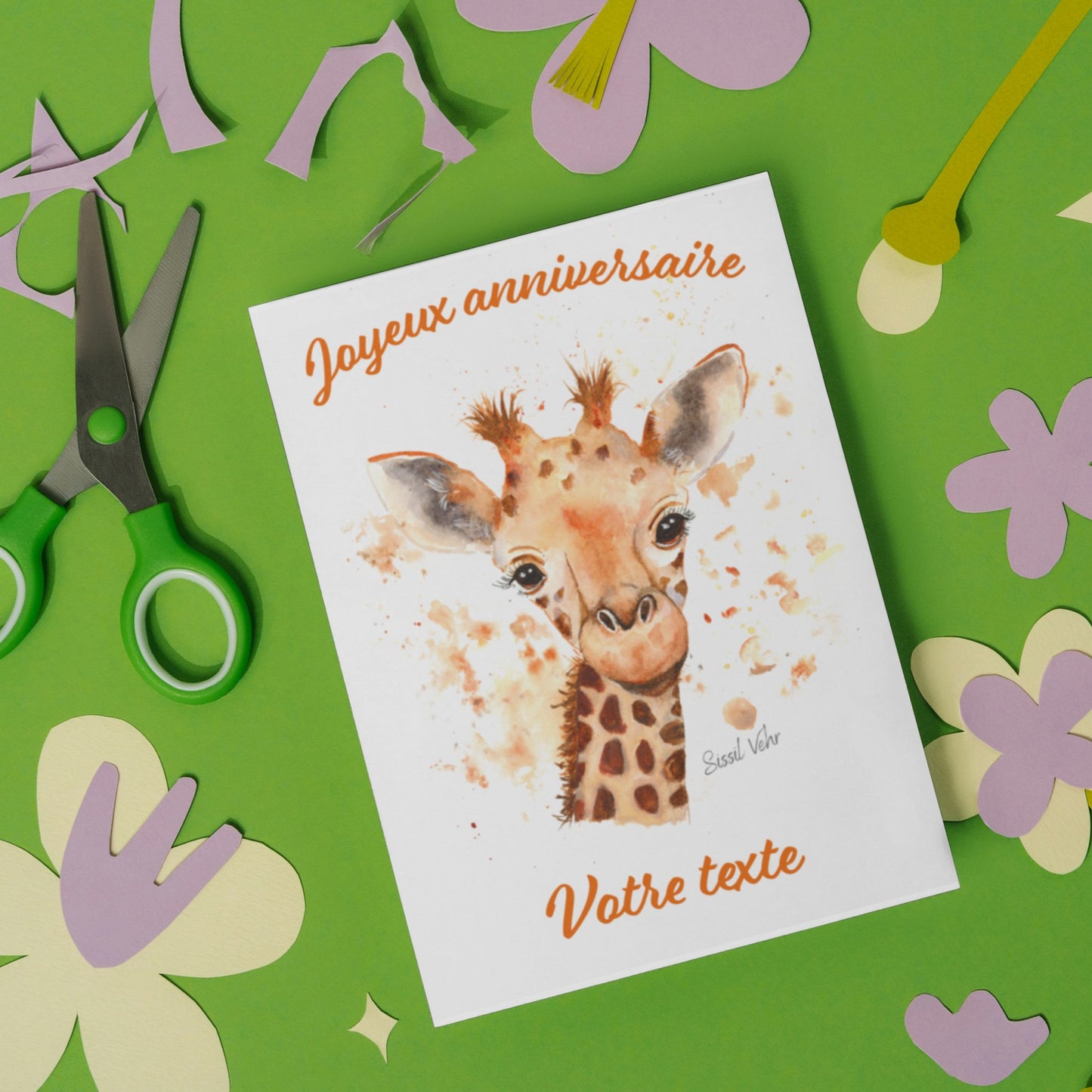 Carte Anniversaire Enfant avec Girafe Aquarelle - Personnalisable - 3 Tailles Disponibles - Livrée avec Enveloppe - Sissil Vehr Aquarelle