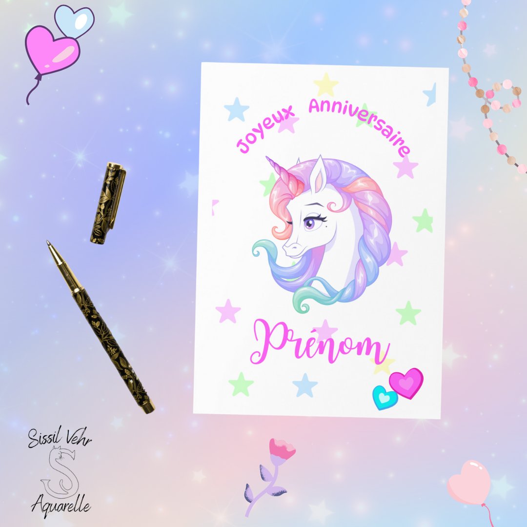 Carte Anniversaire Enfant Licorne Personnalisée - Enveloppe Fournie - 3 Tailles Disponibles - Sissil Vehr Aquarelle