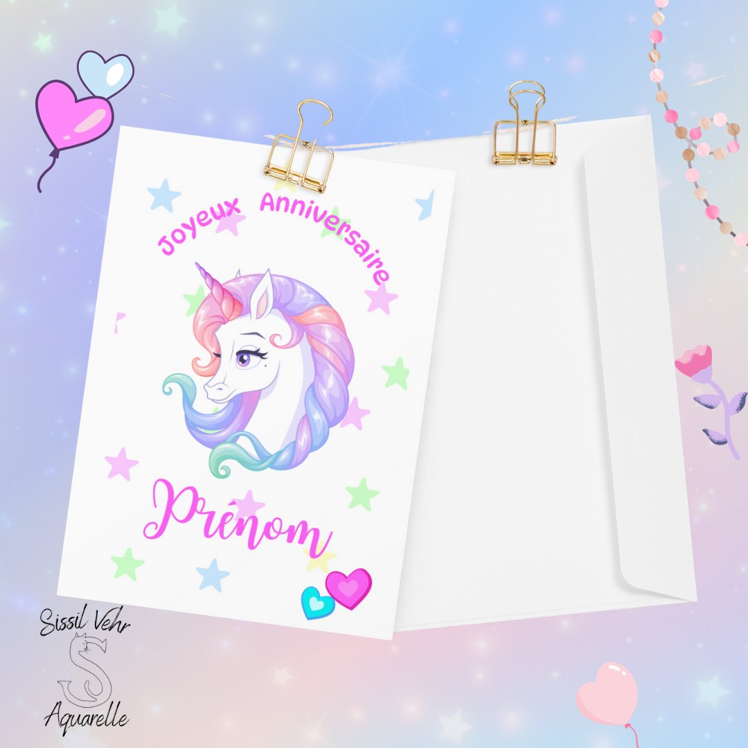 Carte Anniversaire Enfant Licorne Personnalisée - Enveloppe Fournie - 3 Tailles Disponibles - Sissil Vehr Aquarelle