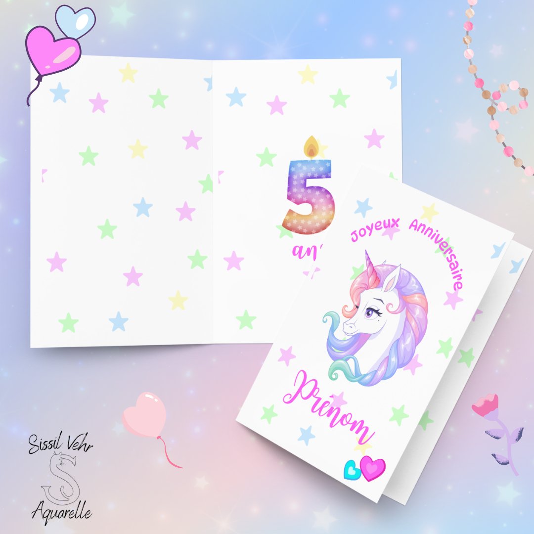 Carte Anniversaire Enfant Licorne Personnalisée - Enveloppe Fournie - 3 Tailles Disponibles - Sissil Vehr Aquarelle