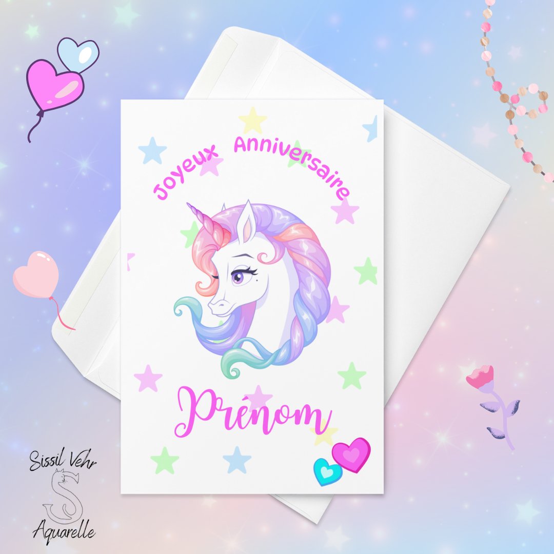 Carte Anniversaire Enfant Licorne Personnalisée - Enveloppe Fournie - 3 Tailles Disponibles - Sissil Vehr Aquarelle